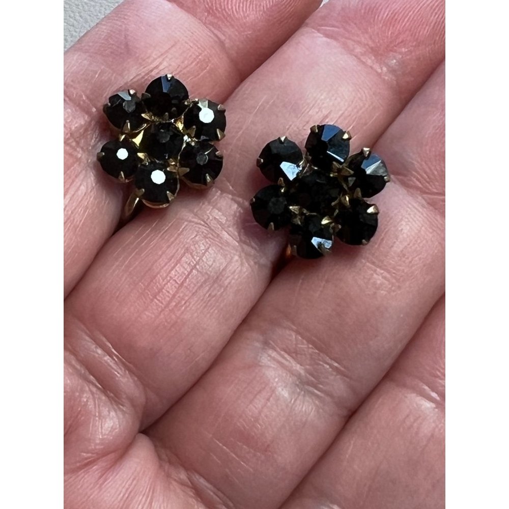 Vintage Gold and Black Crystal Cluster Clip On Earrings, Flower